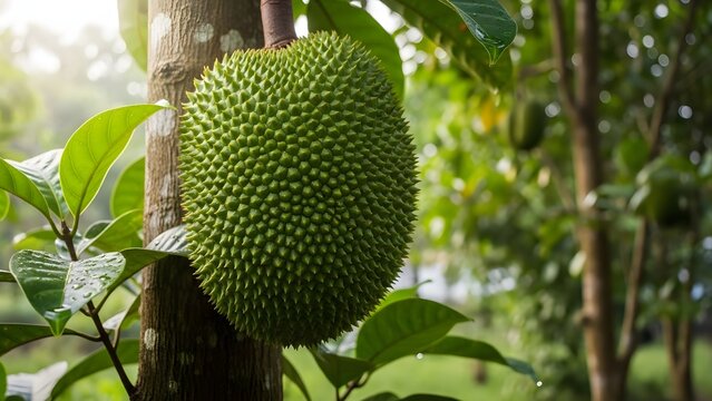 Close-Up of Unripe Green Jackfruit Growing on Tree Trunk
