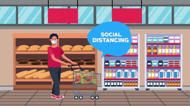 Man wearing face mask pushes shopping cart in grocery store promoting social distancing.