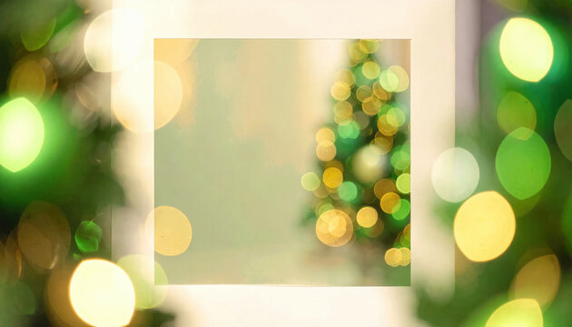 Christmas concept, blurred festive light and evergreen tree bokeh frame with warm golden glow, soft green background, and copy space for seasonal design use