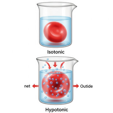 Red blood cell in isotonic and hypotonic solution beaker isolated on transparent background
