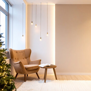 Christmas tree armchair pendant light living room interior design warm light Scandinavian style cozy home decor Christmas tree beside tufted armchair and pendant light warm minimalist living room