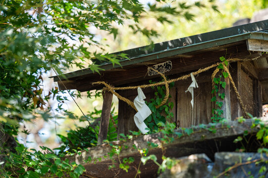 しめ縄と紙垂が飾られた木造の祠