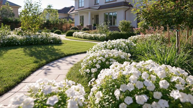 White Hydrangeas Border a Sunny Walkway in Contemporary Residential Garden