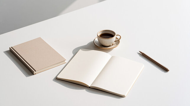 Morning Coffee Accompanies an Empty Journal on a Bright White Table