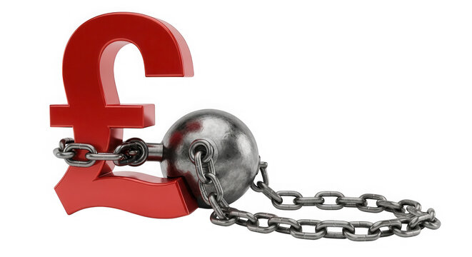 Red british pound currency symbol attached to a heavy iron ball isolated on transparent background