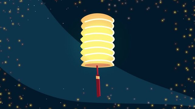 Traditional glowing paper lantern animation against dark night sky with sparkling stars for mid autumn festival.