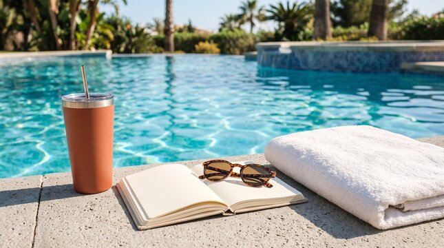 Tumbler and open notebook by a sunny swimming pool for summer vacation relaxation