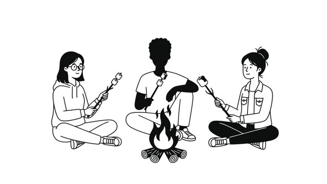 Three diverse young people roasting marshmallows around a campfire, enjoying a camping trip together.