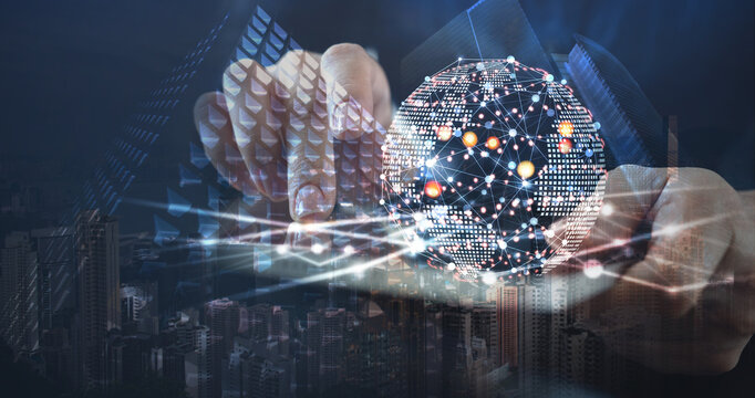 Digital technology, internet network connection using smart computer devices for telecommunication, global networking and space mobile internet
