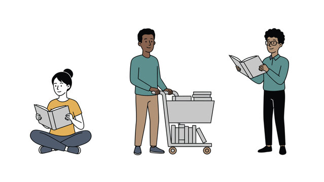 People reading books and a person with a shopping cart full of books, representing education, learning, and knowledge acquisition.