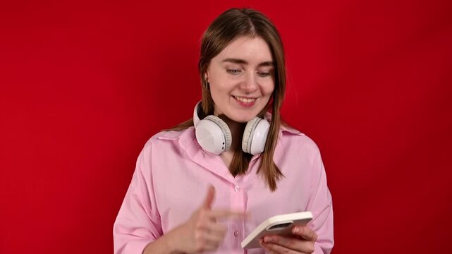 woman, surprised with message in studio with wow, positive or confidence for smile. 