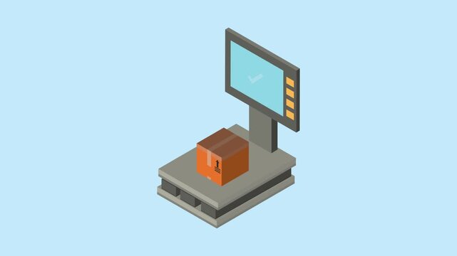 Isometric motion graphic animation of a box being weighed on a digital scale, with a check mark appearing on the screen to confirm the weight.