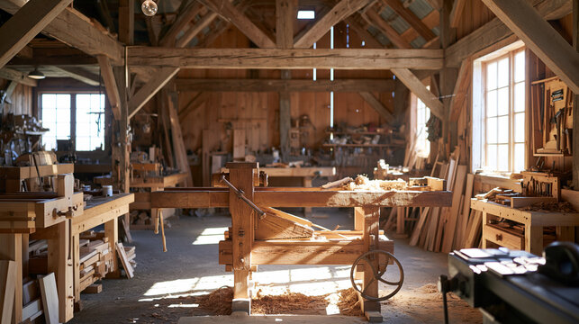 Rustic Woodworking Shop Is Filled with Benches Tools and Timber