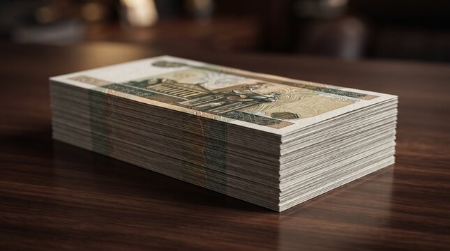 A substantial stack of historical or foreign currency bills rests on a polished dark wooden surface in a dimly lit indoor environment, symbolizing wealth and investment.