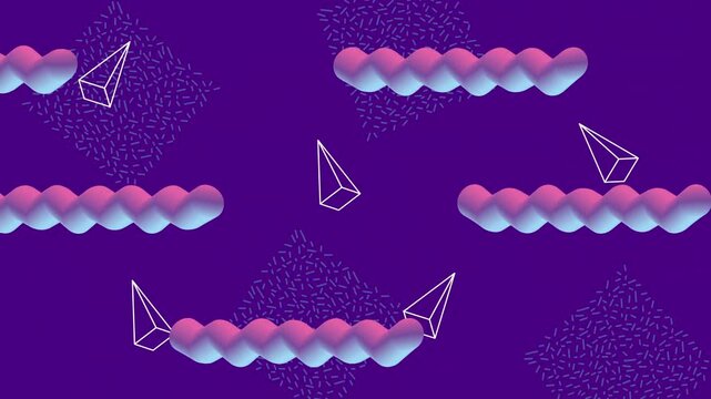 Abstract purple geometric motion background with 3d wavy shapes and white pyramids for creative design.