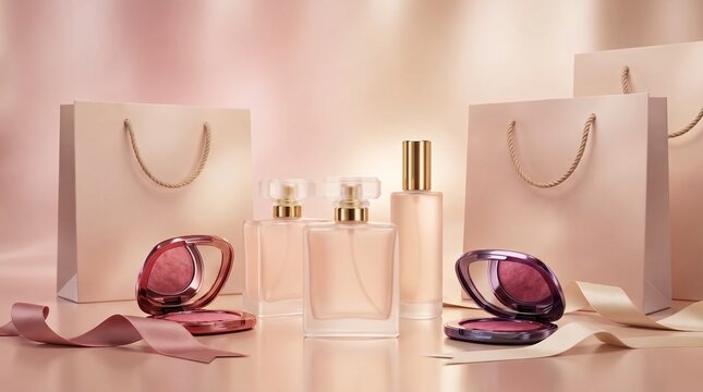 Luxury cosmetic beauty shopping background with perfume and gift bags. Makeup sale copy space