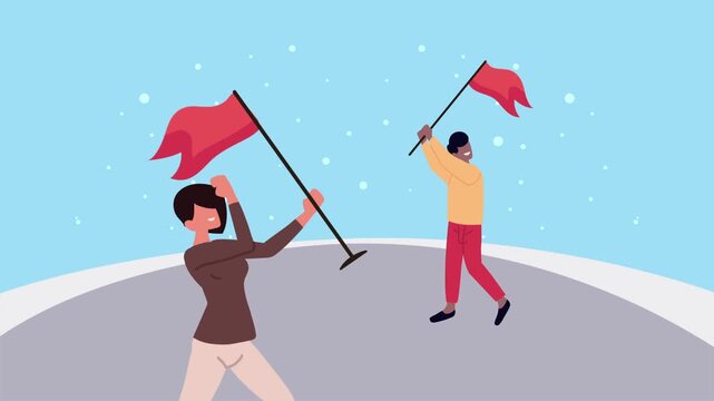 Successful business team celebrating victory waving red flags in flat animation style.