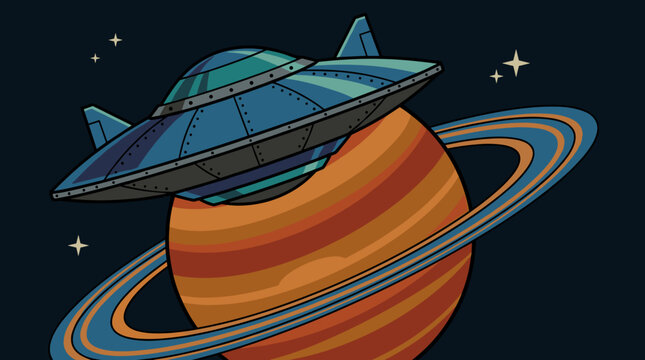 Retro style flying saucer hovers near a ringed planet in deep space, vintage sci-fi vector illustration