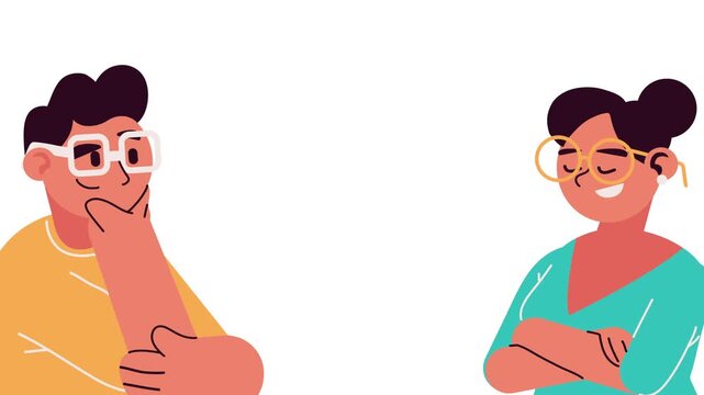 Animation of young couple wearing stylish glasses thinking and smiling over white background.