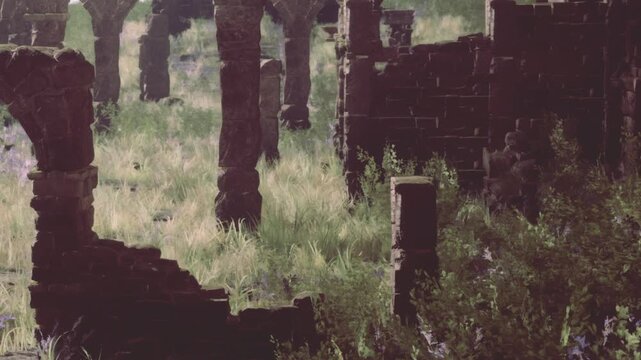 Overgrown ruins with stone columns and walls are surrounded by tall grass and wild plants. Sunlight shines on the area creating shadows. Nature has taken over the old structure.