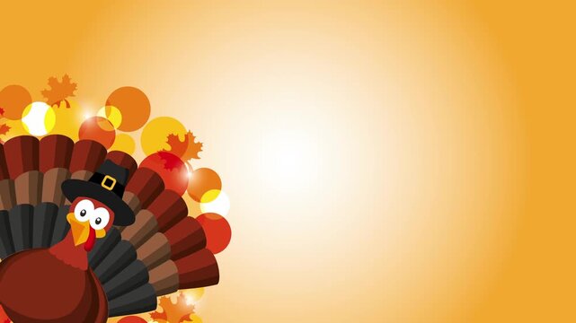 Cute cartoon turkey wearing pilgrim hat with animated falling leaves and bokeh lights for Thanksgiving.