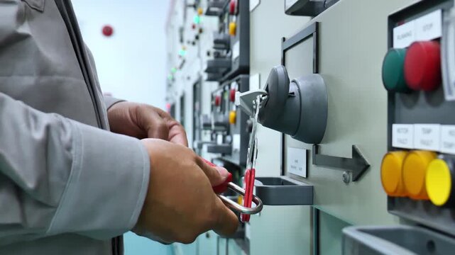 Industrial electrical maintenance worker checking power at an electrical panel and securing the energy source with a lockout device, representing workplace safety, electrical isolation, risk preventio