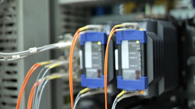 Fiber optic communication system with signal converter and optical cables demonstrates high bandwidth data transmission, network technology, digital connectivity, communication infrastructure, and inf
