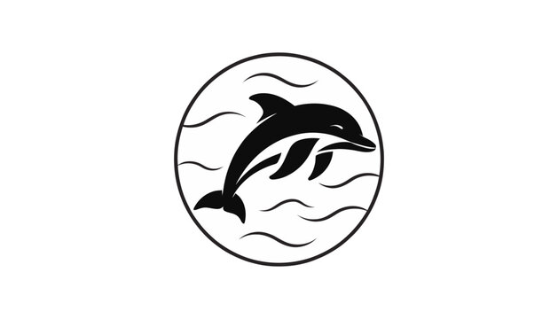 Black and white silhouette of a playful dolphin leaping from stylized ocean waves within a circle, graphic icon, logo design