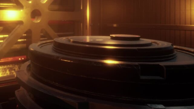 In a dimly lit room, large circular objects are placed close to a wall. The setting shows warm light reflecting off the surfaces, creating a distinct atmosphere of work or machinery.