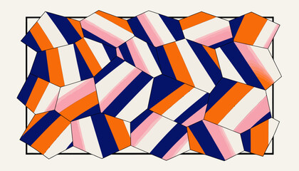 Naklejka premium Abstract Hexagonal Pattern with Stripes, Orange, Blue, Pink, White