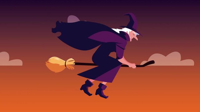 Animation of halloween witch flying on broomstick across twilight sky with clouds.