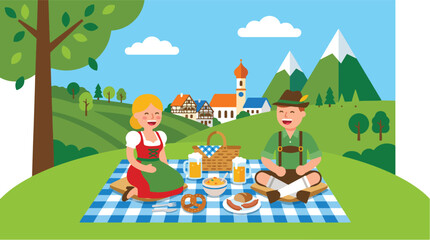 Naklejka premium A joyful couple wearing traditional Bavarian attire enjoys a delightful picnic together on a lush green alpine meadow with scenic mountains and a charming village visible under a bright sky