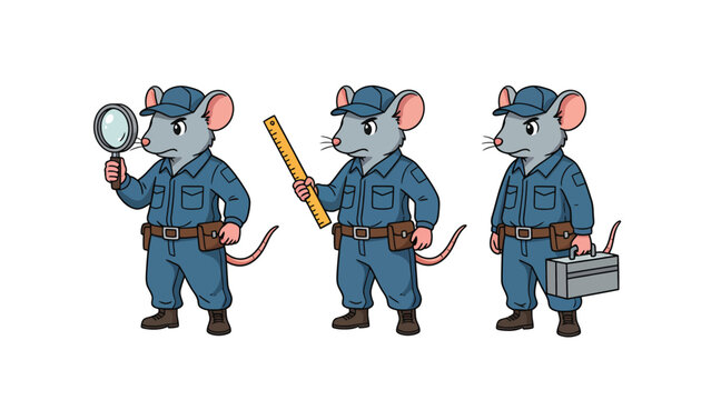 Three cartoon mice dressed as police officers, each holding different tools for investigation and work.