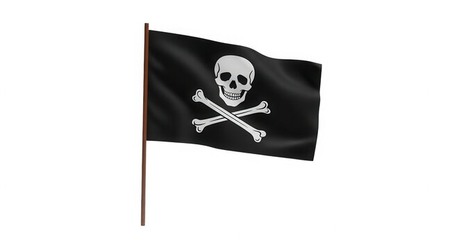 Black pirate flag with skull and crossbones waving on pole isolated on transparent background