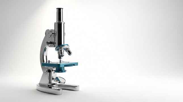 Laboratory microscope on white background with metal frame, glass lens, and teal stage