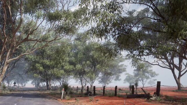 A road runs through a rural area with many trees on each side. The ground is red and dry. The scene shows a typical morning with soft light coming through the trees.