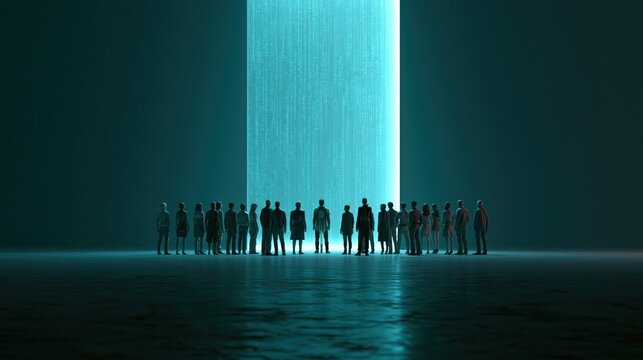 Back view team gathering around a vertical teamwork concept