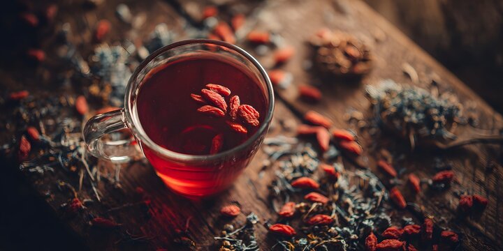 Red tea with goji berries floats in a clear glass cup surrounded by scattered dried herbs on rustic wooden surface