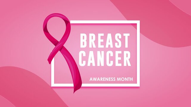 Breast cancer awareness month motion graphic with pink ribbon and animated white text frame on pink background.
