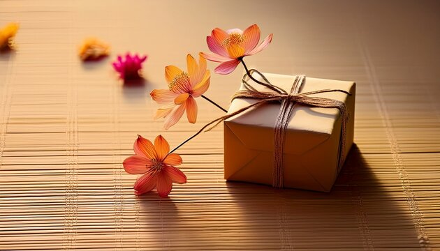 Wrapped gift box with autumn flowers on tatami