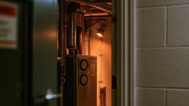Framed through a plant room doorway at night a domestic heat