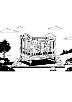 Black and white vector illustration of a vintage baby crib in a outdoor setting