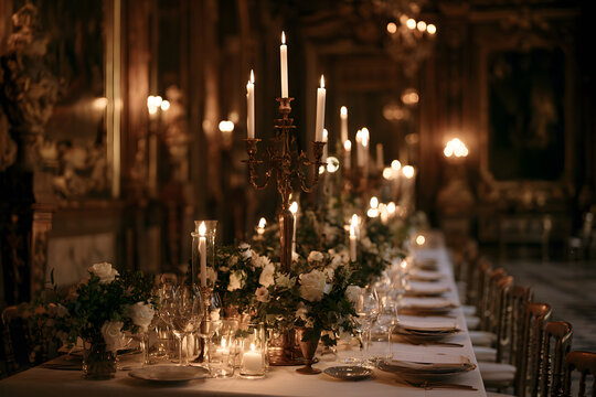 Elegant Wedding Reception Inside Historic Venue in Paris with Candlelit Decor and Floral Arrangements