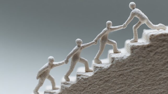 Elegant clay figures representing teamwork, collaboration, leadership, mutual support and business assistance, with helping hands guiding colleagues toward success, professional growth, achievement an