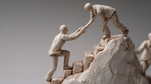 Elegant clay figures representing teamwork, collaboration, leadership, mutual support and business assistance, with helping hands guiding colleagues toward success, professional growth, achievement an