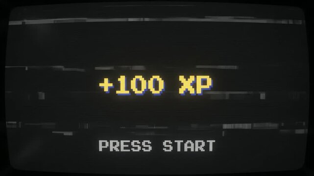 Retro video game screen with xp points and press start text
