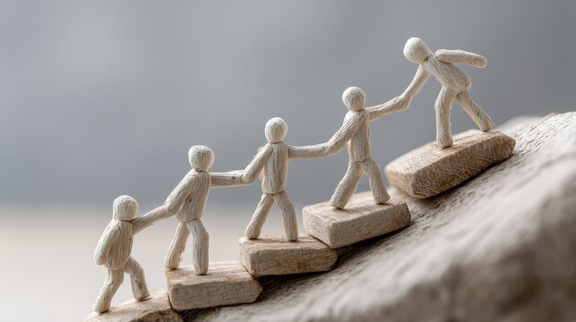 Elegant clay figures representing teamwork, collaboration, leadership, mutual support and business assistance, with helping hands guiding colleagues toward success, professional growth, achievement an
