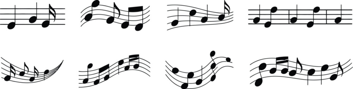 Music notes illustration set, sheet music symbols, musical notation, melody, composition, sound, rhythm and creative audio elements, cut style vector design