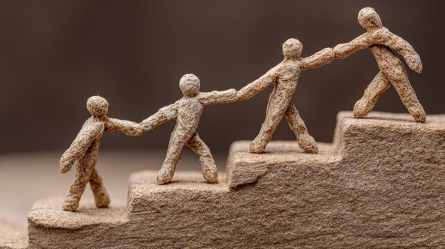 Elegant clay figures representing teamwork, collaboration, leadership, mutual support and business assistance, with helping hands guiding colleagues toward success, professional growth, achievement an