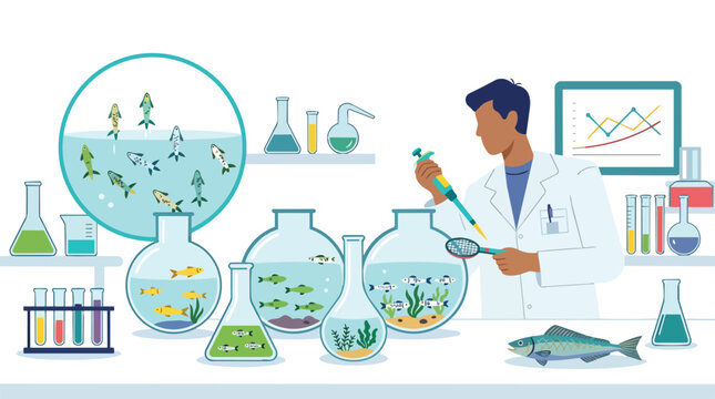 Marine biology research and aquatic ichthyology experiments in modern flat vector style for environmental science education